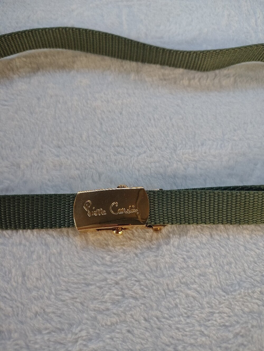 Vintage Pierre Cardin Olive Webbing Belt with Gold-Tone Logo Buckle
